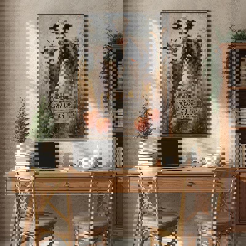 Farmhouse animal stack canvas print featuring Welcome Fall sign, rustic farmhouse style, autumn tones, home office wall decor