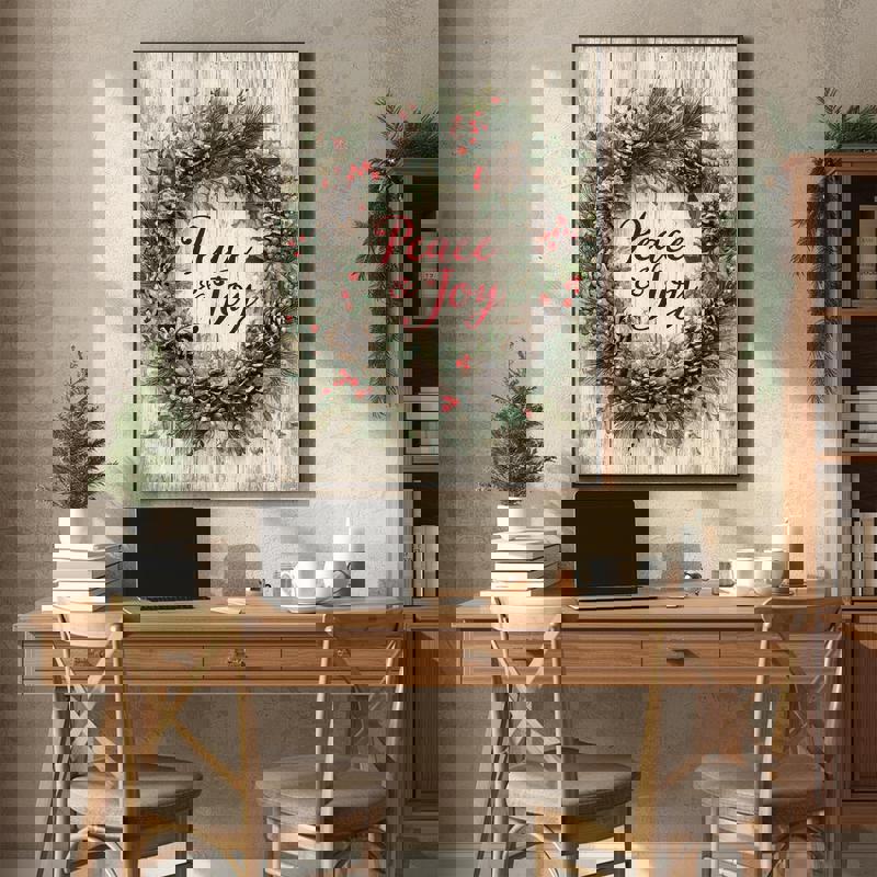 Peace & Joy wreath Christmas canvas, square print on white shiplap with burlap bow and pinecones, entryway farmhouse decor