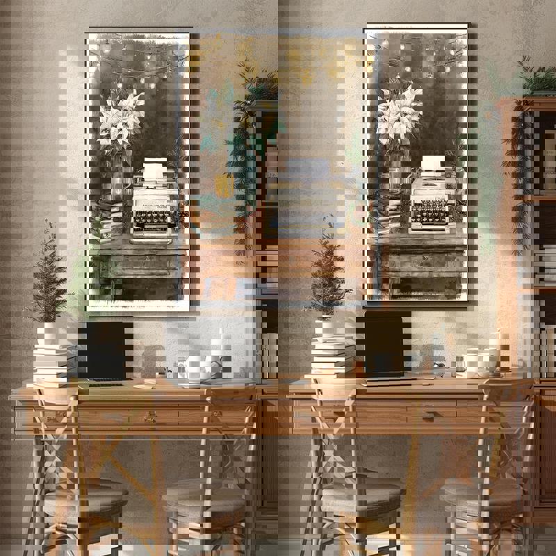 Vintage typewriter canvas featuring a rustic farmhouse desk scene, holiday-ready wall art to warm up your home office