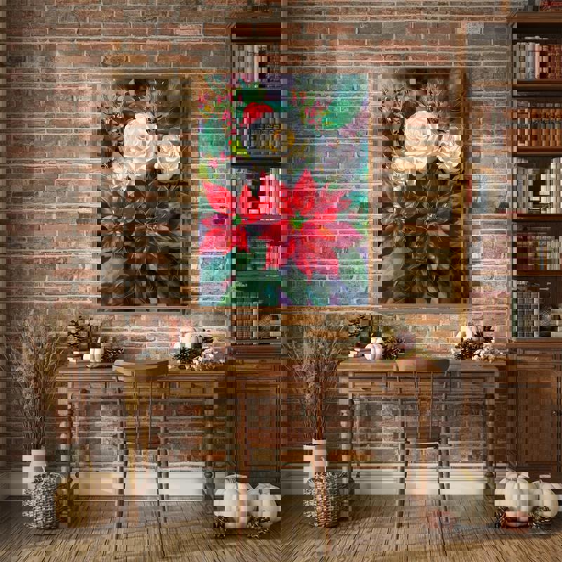 Red and white floral canvas wall art, elegant modern botanical accent for Christmas decorating in a home office or study