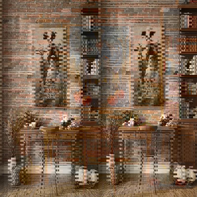 Farmhouse autumn animals stacked canvas wall art with Welcome Fall sign, distressed wood look, vintage rustic style, portrait