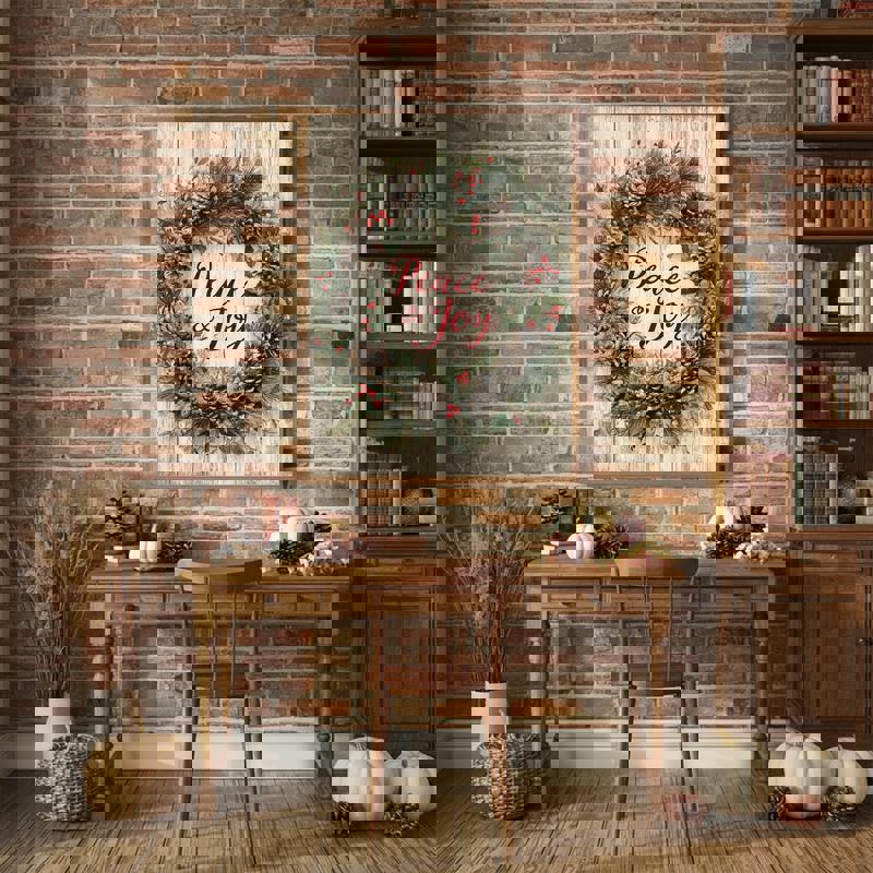 Peace & Joy wreath Christmas canvas wall art, gallery wrap with muted greenery and berries, rustic living room mantel decor