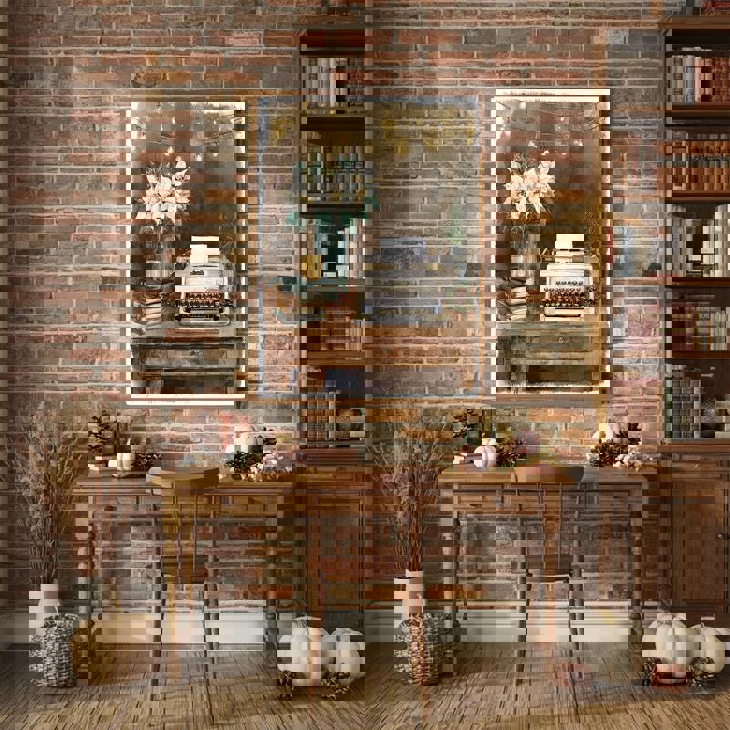 Vintage typewriter canvas print on a reclaimed wood desk, charming farmhouse decor to brighten a festive home office