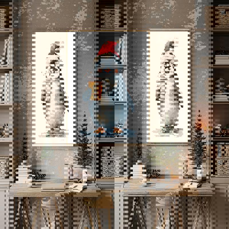 Christmas baby penguin canvas wall art in kawaii holiday theme, snowflakes and soft colors, charming study or entryway decor