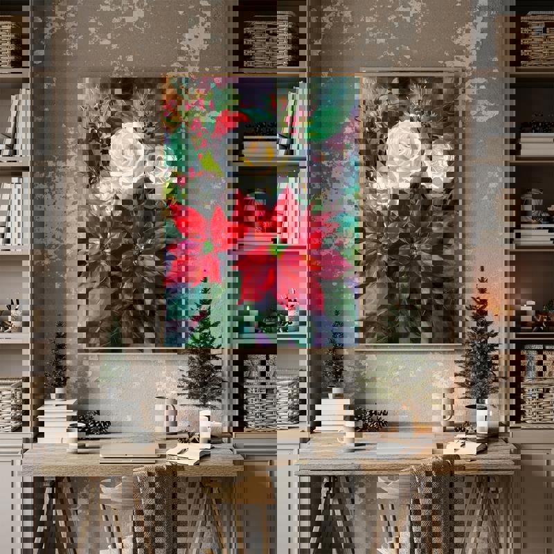 Red and white floral canvas artwork, festive holiday wall decor to brighten a home office with elegant seasonal blooms