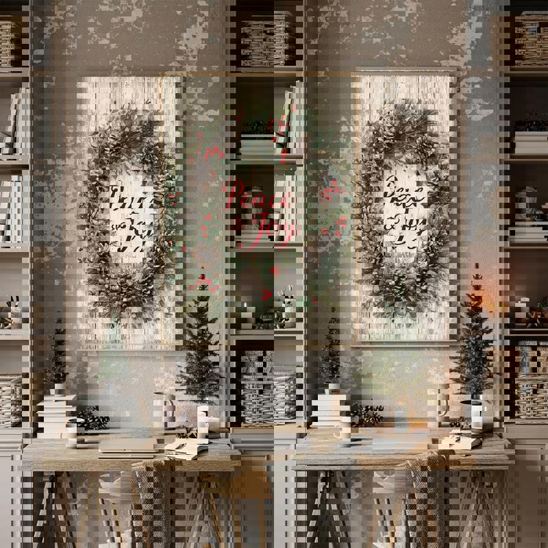 Peace & Joy wreath Christmas canvas print on weathered wood backdrop with red plaid ribbon, holiday housewarming gift decor