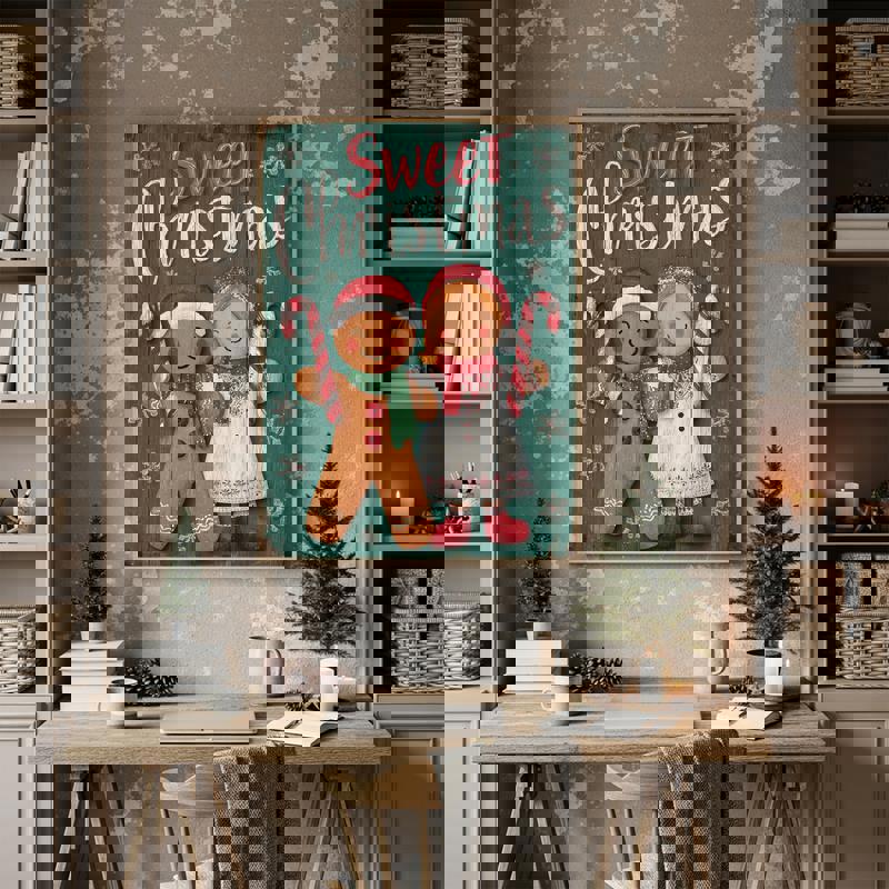 Christmas gingerbread couple canvas wall art in rustic farmhouse style, charming holiday decor to brighten a home office Christmas gingerbread couple canvas wall art in rustic farmhouse style, charming holiday decor to brighten a home office