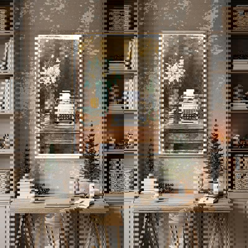 Vintage typewriter canvas for farmhouse-style spaces, tasteful seasonal wall decor ideal for a cozy, creative home office