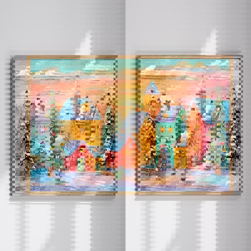 Christmas desert village canvas featuring adobe homes, cacti, and string lights; landscape wall art for a cozy home office | Familywalldecor