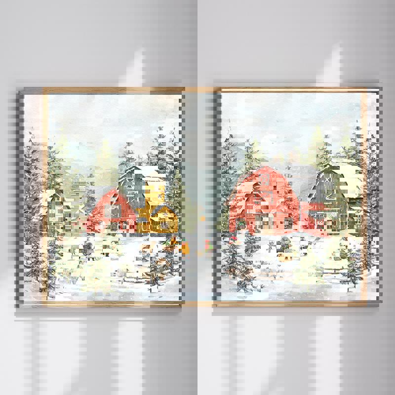 Christmas farm landscape canvas wall art with red barn, snowy fields, and twinkling lights for cozy home office decor | Familywalldecor