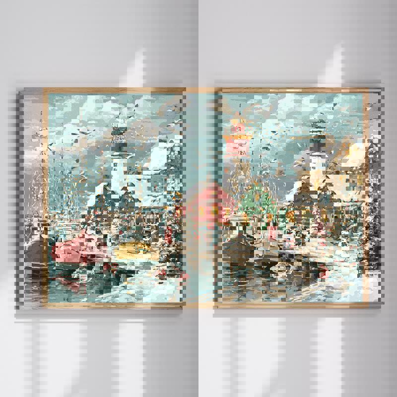 Christmas Harbor watercolor canvas, festive boats and twinkling harbor lights, colorful holiday wall art for a home office | Familywalldecor