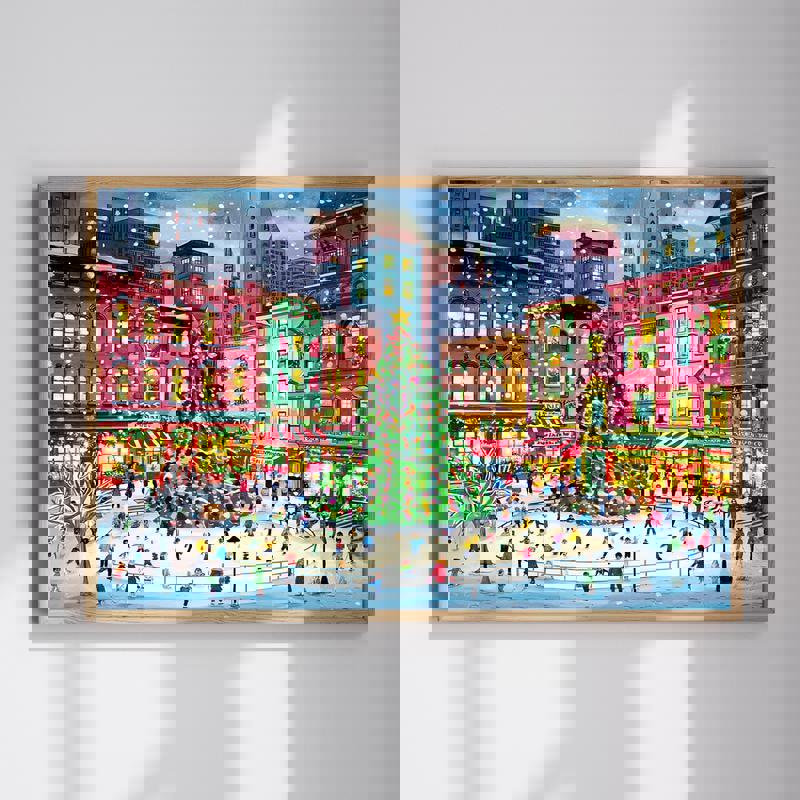 Christmas in the City canvas with festive ice skating rink, holiday lights, snowy skyline, ideal for home office wall decor | Familywalldecor