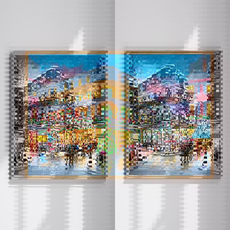 Christmas in the French Quarter canvas with festive lights on wrought‑iron balconies and gas lamps for home office decor | Familywalldecor