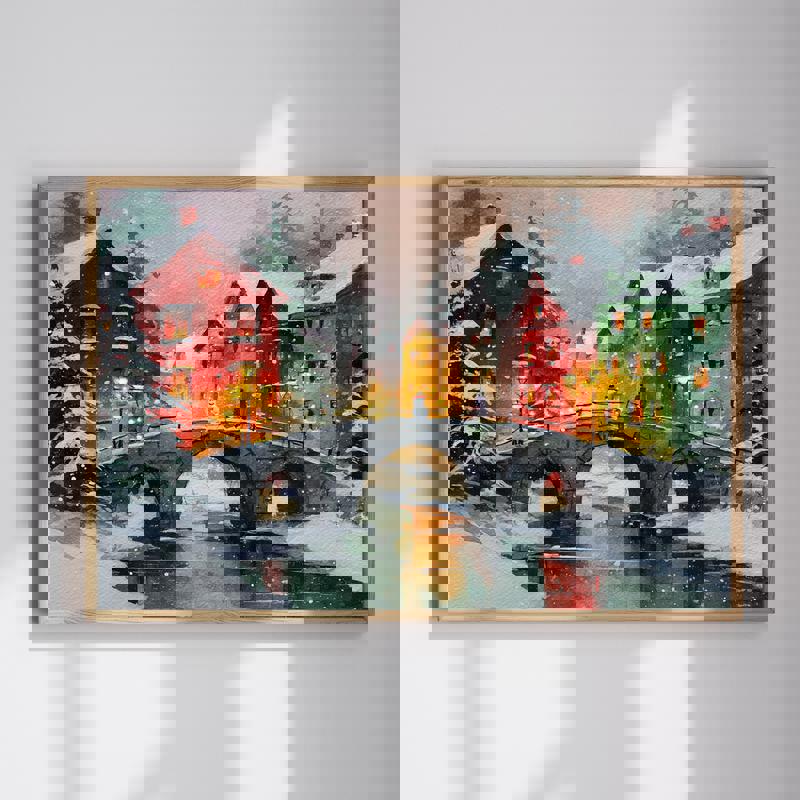 Christmas snowy bridge canvas wall art for a cozy home office, serene winter scene adds calm seasonal charm to your workspace | Familywalldecor