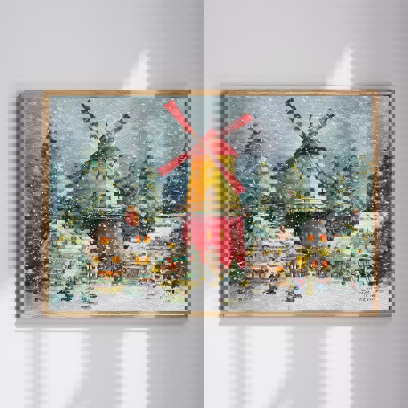 Christmas windmill village canvas with snowy cottages and twinkling lights, festive holiday decor for a home office | Familywalldecor
