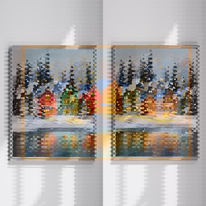 Cozy mountain Christmas canvas wall art of a snowy alpine landscape with pine trees in festive tones for home office decor | Familywalldecor