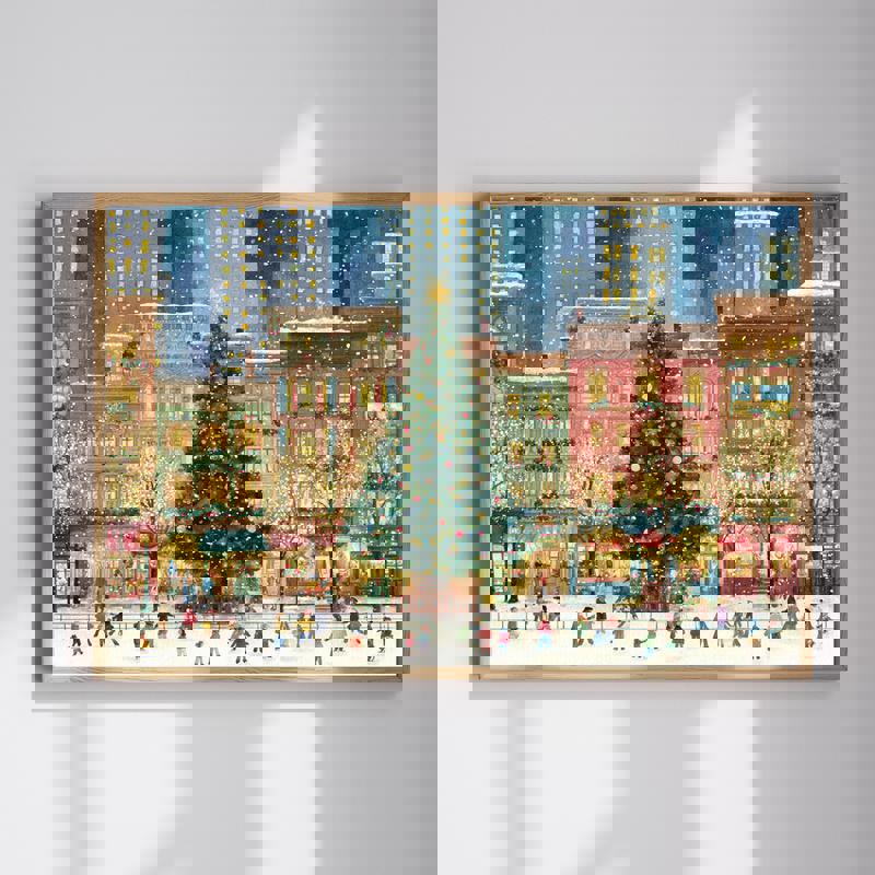 Downtown Christmas celebration canvas wall art with twinkling lights and snowfall, perfect home office holiday decor accent | Familywalldecor