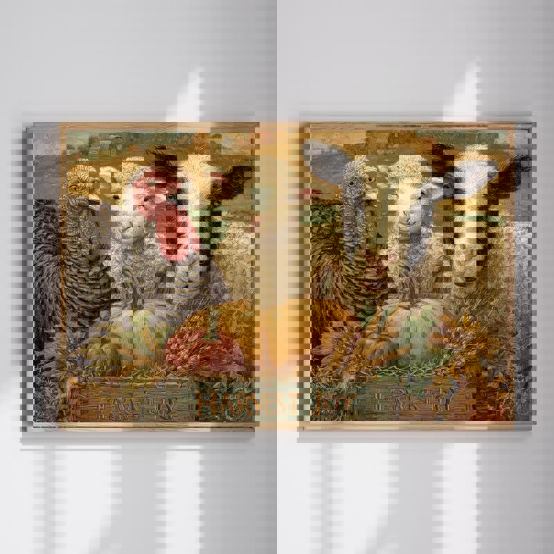 Farmhouse harvest animals canvas wall art with cow, sheep and chicken among pumpkins, rustic Thanksgiving home office decor | Familywalldecor