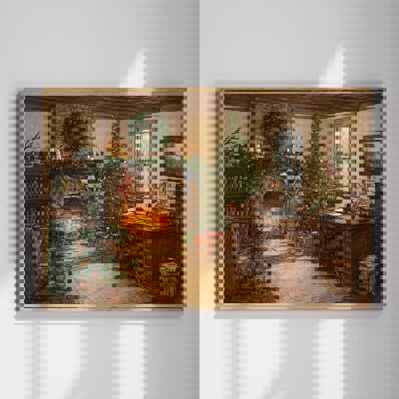 Christmas fireplace canvas wall art, cozy festive accents and warm glow, perfect for home office holiday decor and ambience | Familywalldecor