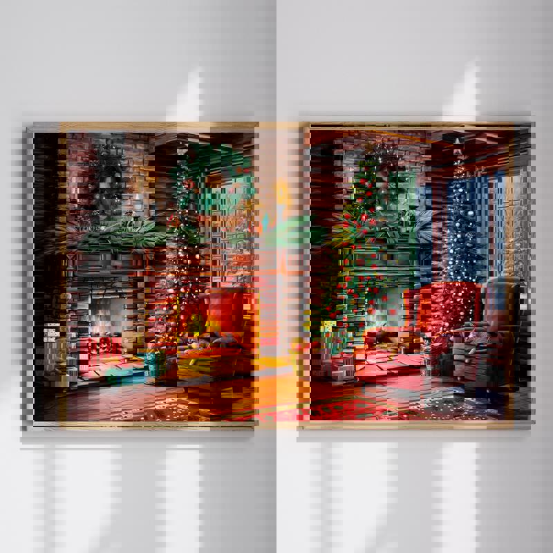 Fireside Christmas living room canvas with a cozy holiday fireplace scene and festive mantel decor, ideal for a home office | Familywalldecor