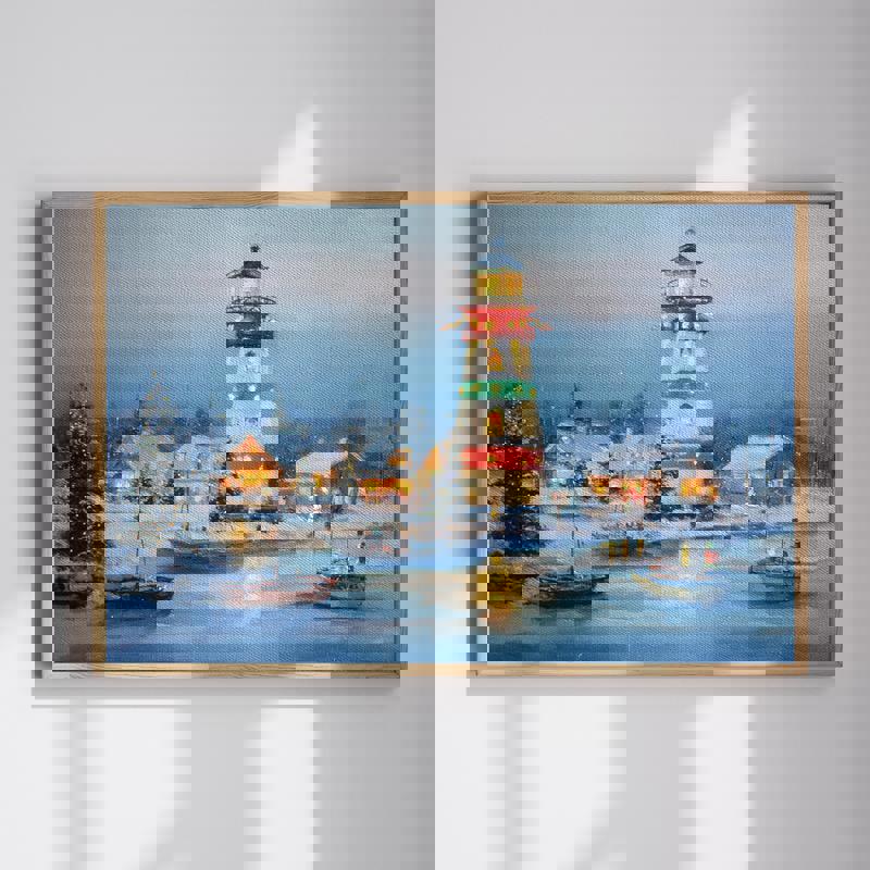 Frozen harbor lighthouse Christmas canvas wall art with a snowy coastal scene for holiday home office decor, nautical theme | Familywalldecor