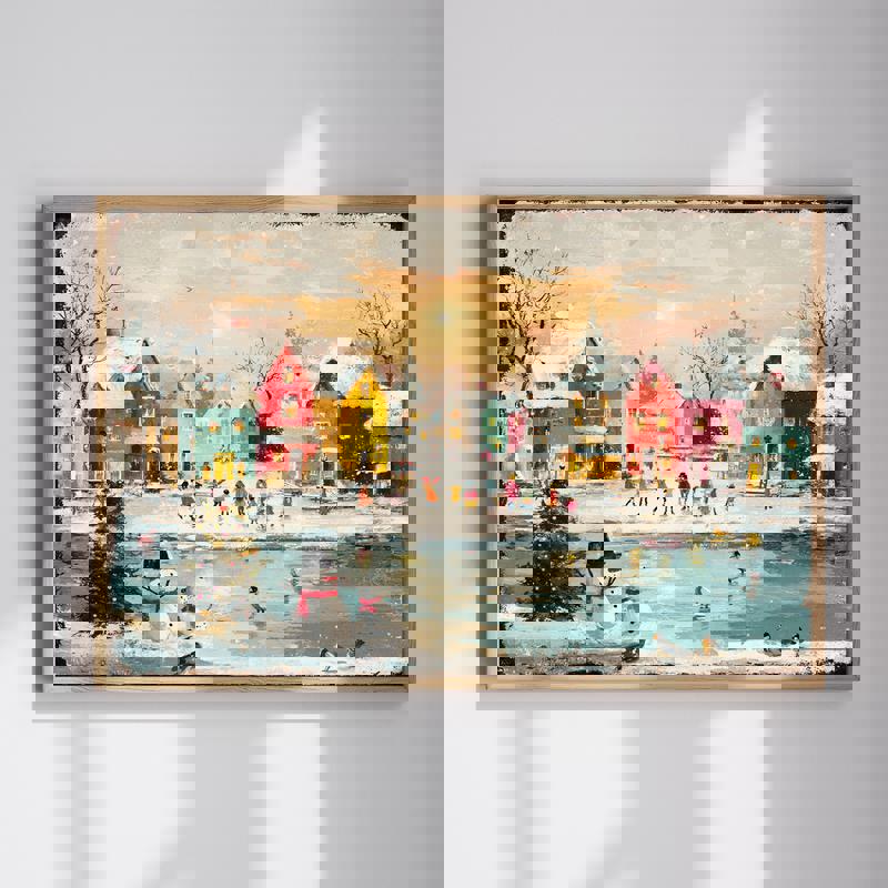 Frozen Lake Christmas canvas wall art in rustic style for home office decor, snowy winter lake scene adds cozy seasonal charm | Familywalldecor