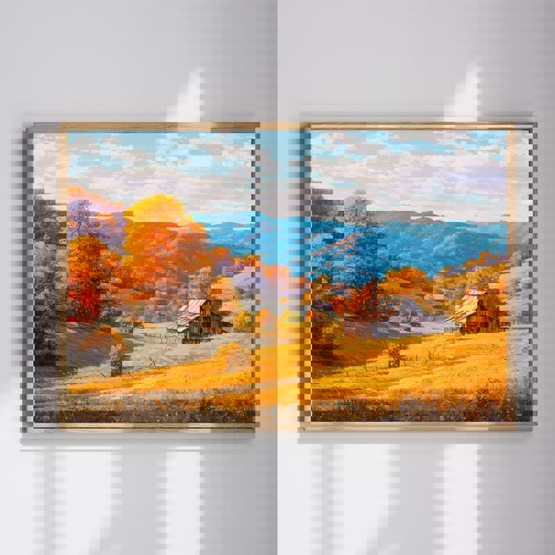 Golden autumn countryside rolling hills canvas wall art for home office, warm fall foliage in panoramic orientation | Familywalldecor