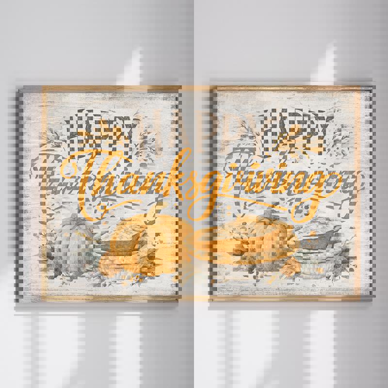 Thanksgiving canvas wall art for home office featuring Happy Thanksgiving text, pumpkins and fall leaves in warm autumn tones | Familywalldecor