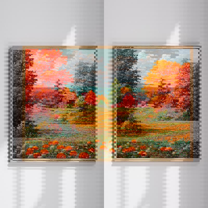 Peaceful rural landscape canvas wall art with a cozy farmhouse holiday scene, perfect for calming home office wall decor. | Familywalldecor