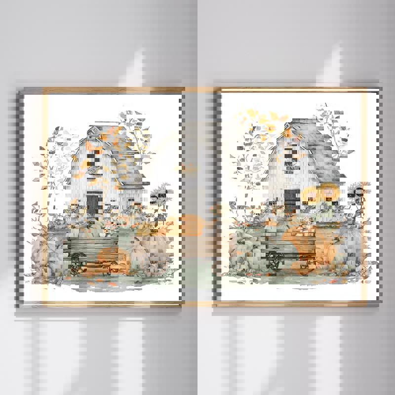 Pumpkin barn canvas wall art, rustic farmhouse fall home office decor; red barn with pumpkin patch in warm tones, landscape | Familywalldecor