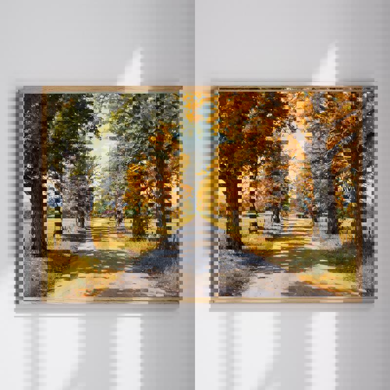 Rustic autumn countryside road canvas wall art with golden foliage, ideal home office decor for a calm workspace | Familywalldecor