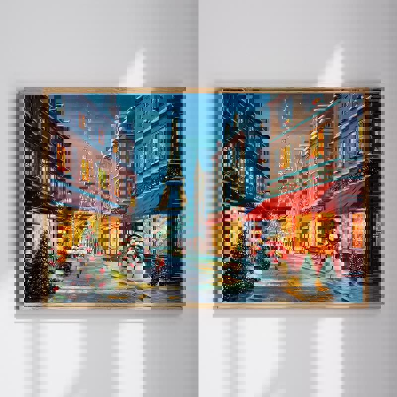 Paris Christmas street canvas with Eiffel Tower in snowfall, rustic holiday lights and cobblestones, home office decor. | Familywalldecor