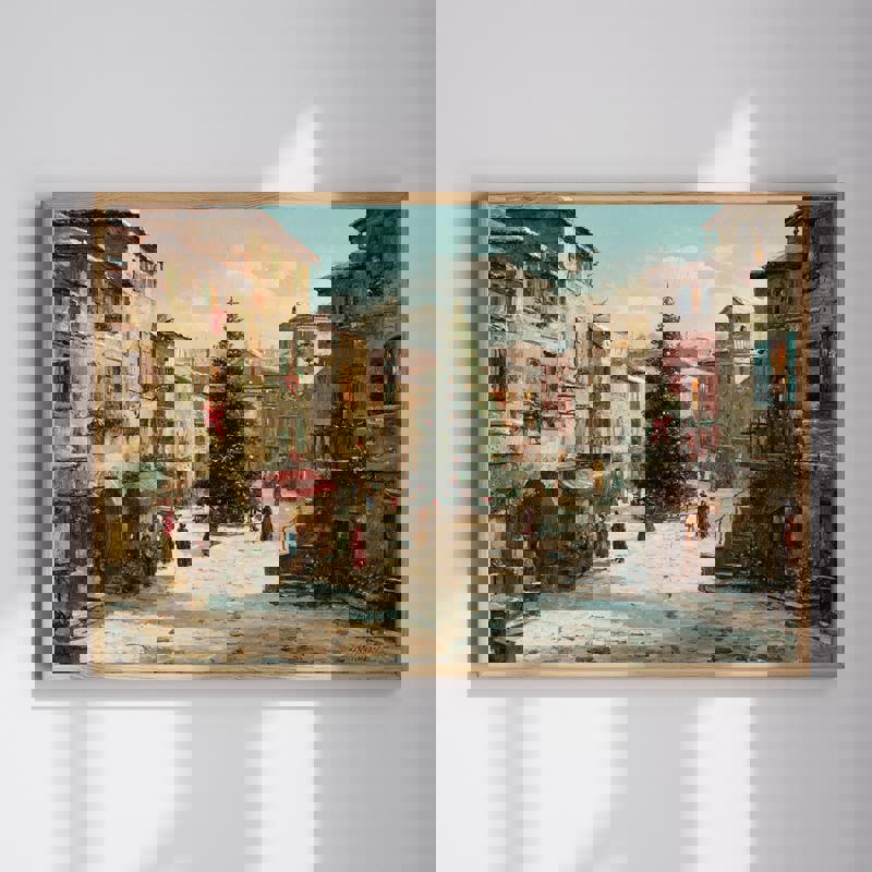 Rustic village square canvas wall art, charming countryside town scene for home office decor, quaint streets and buildings | Familywalldecor