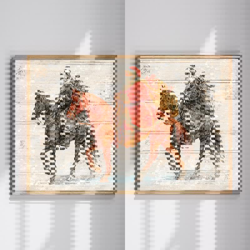 Santa Claus riding a horse canvas wall art, rustic holiday decor for home office; vintage style with warm, muted tones. | Familywalldecor