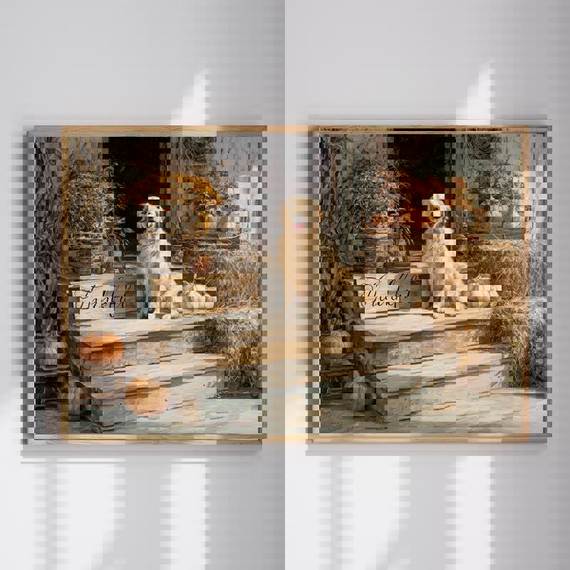 Thanksgiving farmhouse canvas wall art of rustic front porch with pumpkins and autumn leaves, cozy decor for a home office | Familywalldecor