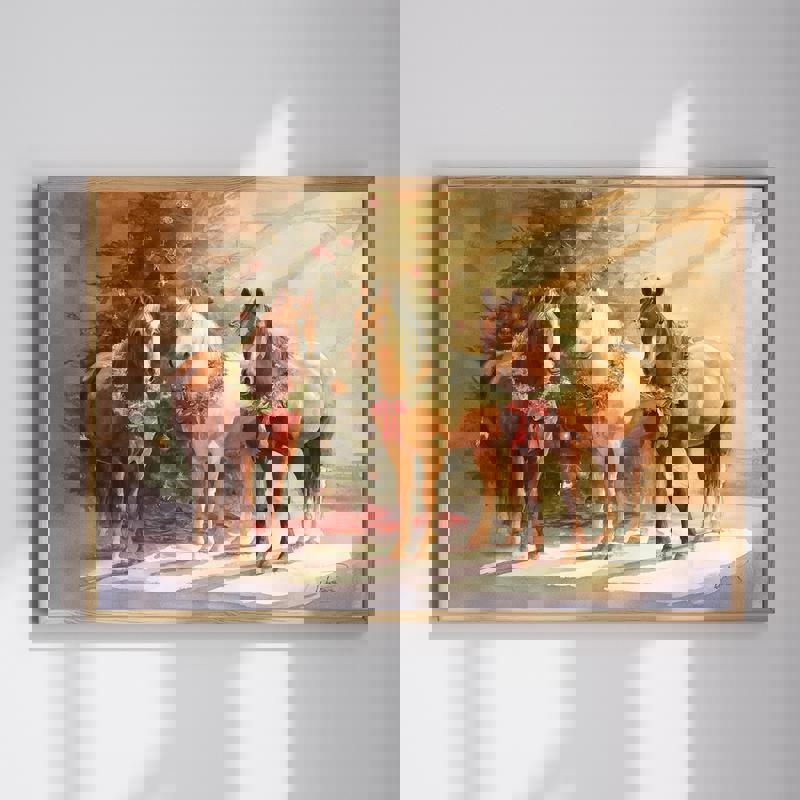 Three horses with Christmas wreaths canvas wall art for elegant home office decor, a festive equestrian holiday accent | Familywalldecor