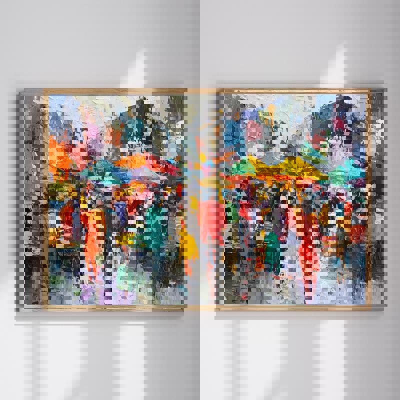 Vibrant abstract market scene impasto oil painting on canvas, colorful stalls, palette-knife style for home office | Familywalldecor