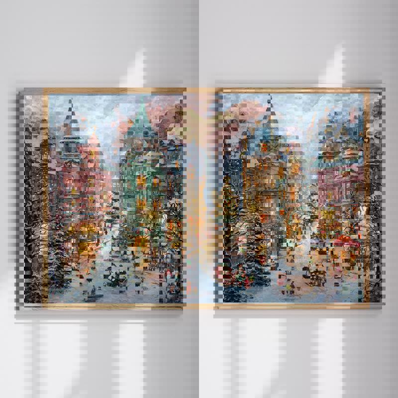 Victorian Christmas town canvas wall art, farmhouse holiday decor for a home office, traditional winter village scene | Familywalldecor