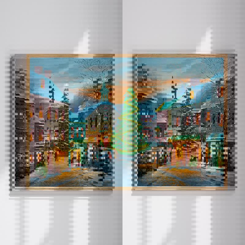 Countryside village square canvas wall art featuring quaint buildings and cobblestone plaza, ideal for home office decor. | Familywalldecor