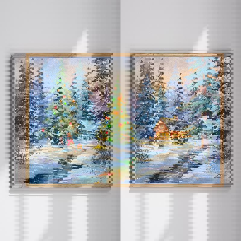 Winter forest Christmas canvas wall art with snowy evergreen landscape in festive colors, perfect home office holiday decor | Familywalldecor