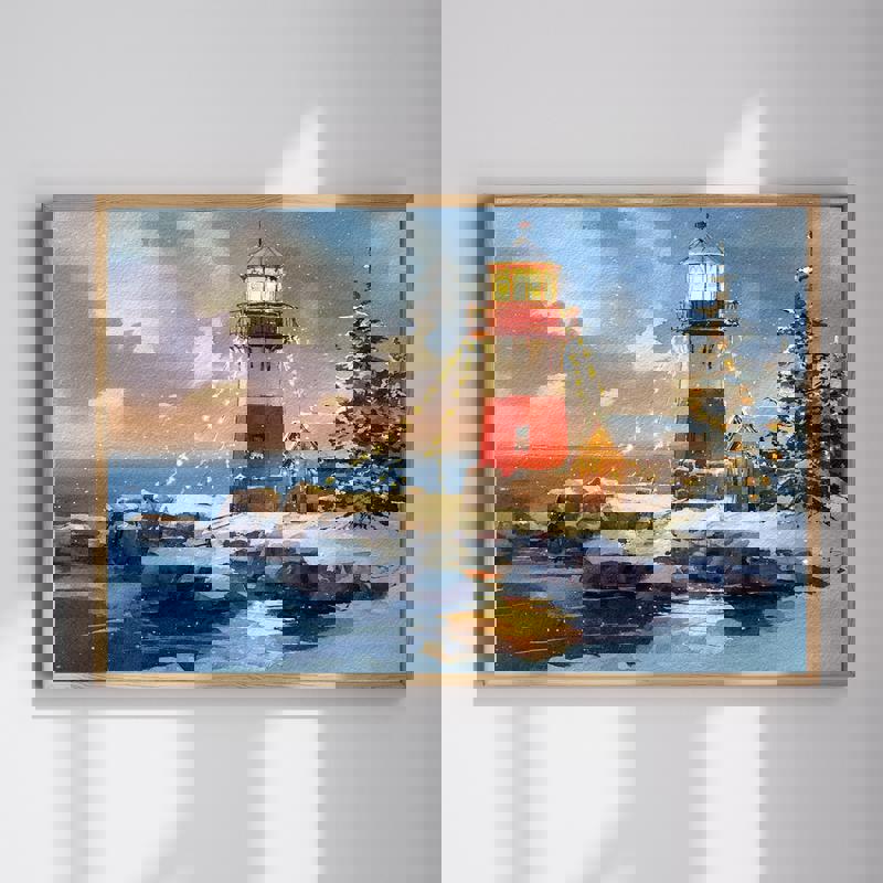 Winter holiday canvas wall art of a Christmas village and lighthouse, snowy coastal lights, ideal for home office decor | Familywalldecor