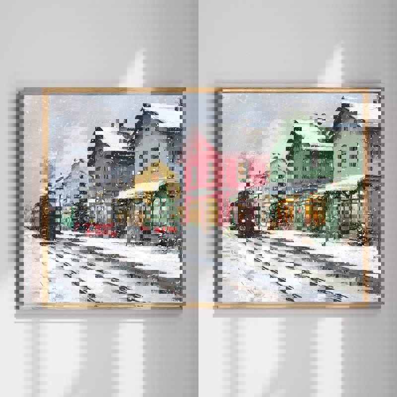 Winter train station Christmas canvas wall art with snowy platforms and warm lights for festive home office decor | Familywalldecor