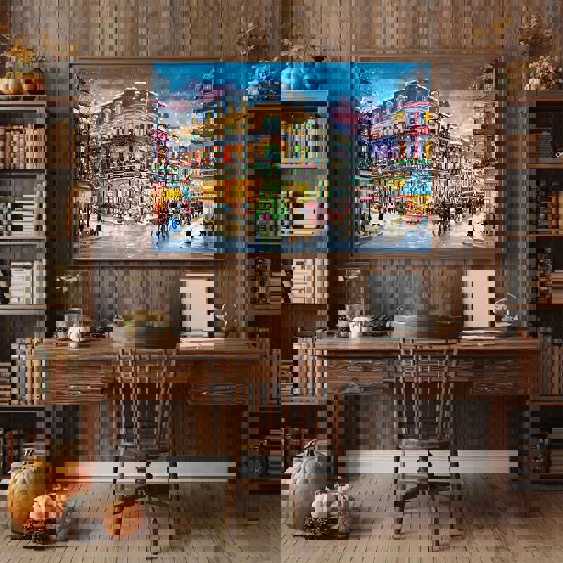 New Orleans holiday canvas, French Quarter street scene with garlands, red bows and gaslit balconies for home office art