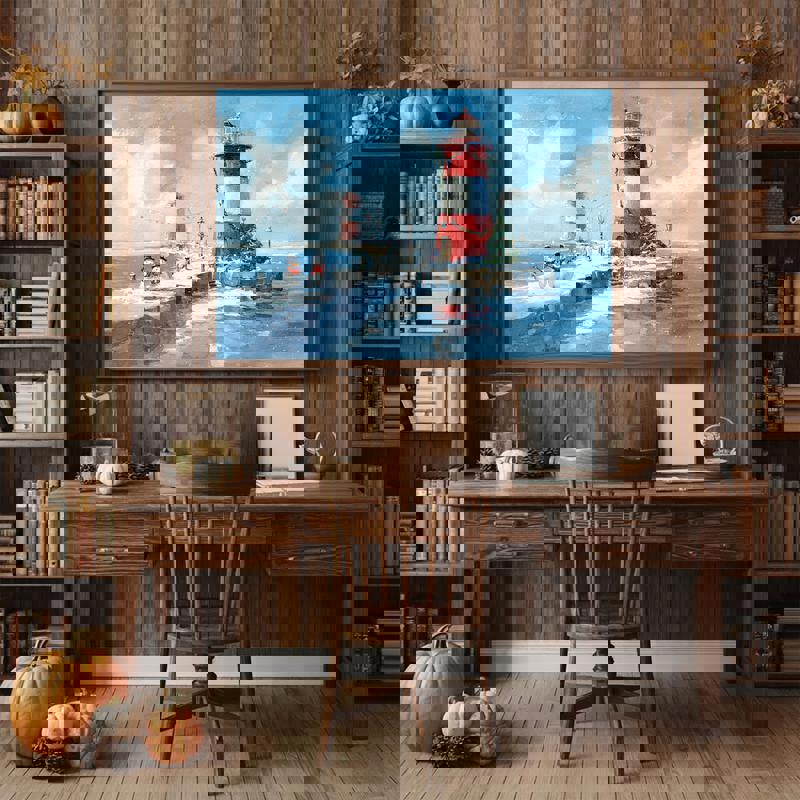 Christmas landscape canvas with coastal lighthouses aglow and a winter sea, ideal for festive home office wall decor Christmas landscape canvas with coastal lighthouses aglow and a winter sea, ideal for festive home office wall decor