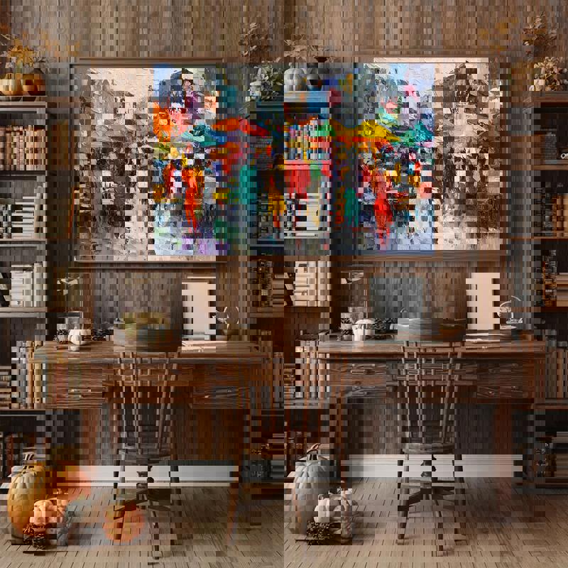 Colorful abstract market scene oil painting on canvas with impasto texture, vendors and umbrellas, for home office decor