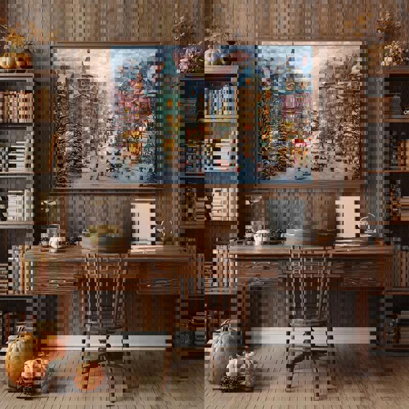 Victorian Christmas town canvas print, farmhouse festive wall decor for the home office, classic holiday village artwork