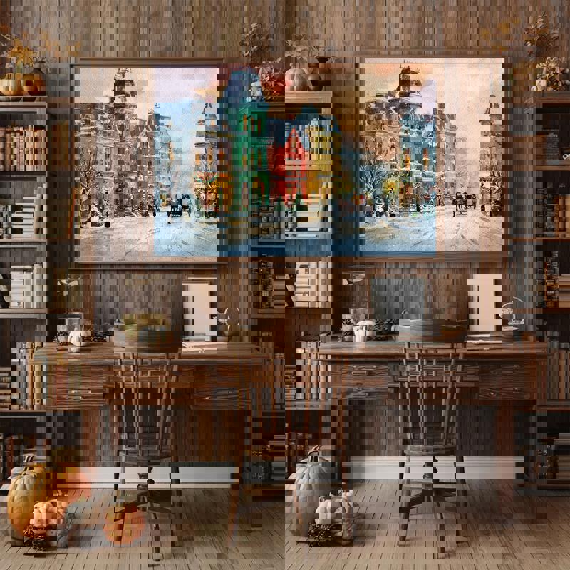 Victorian Christmas Town canvas print, snowy street with red, green, and warm yellow lights, shops, landscape orientation