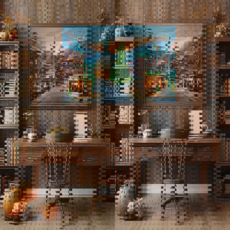 Charming town square canvas print with rustic architecture and stone streets, perfect for home office wall decor.