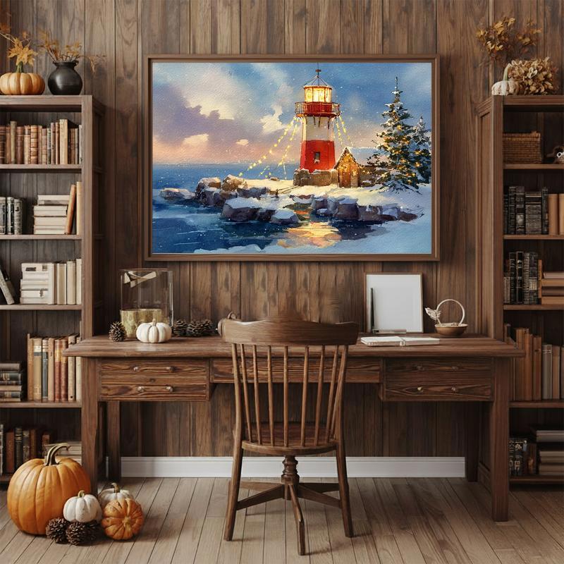 Winter holiday canvas art, panoramic horizontal, Christmas village and seaside lighthouse at dusk, warm glow for home office