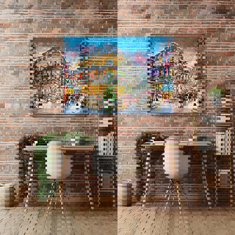 French Quarter Christmas canvas with facades, string lights and evergreen garland, warm evening glow for home office decor